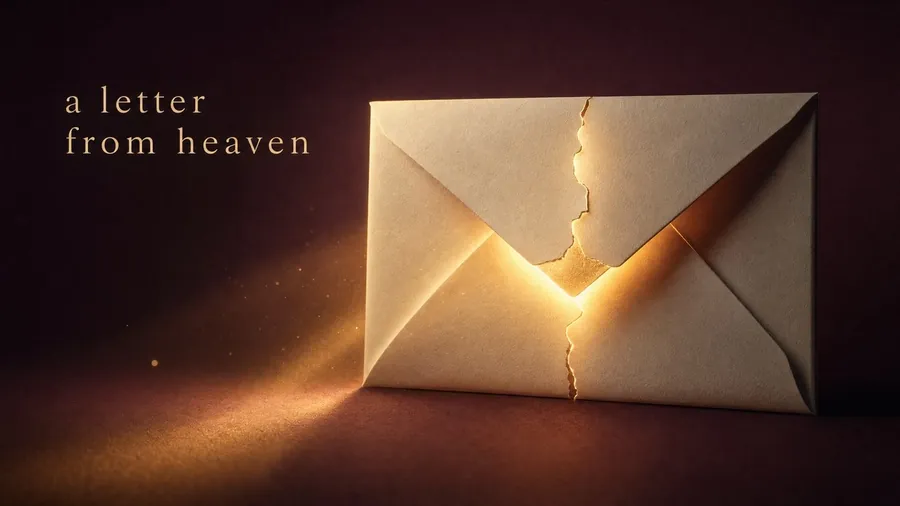 Still from the short film: a torn ivory envelope, light shining through the tear
